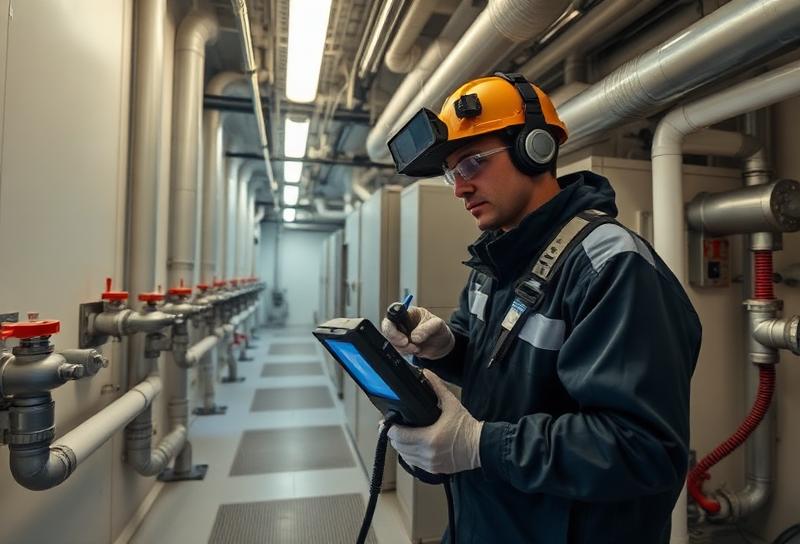 Commercial leak detection technician with professional equipment in Lanzarote hotel plant room