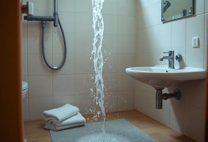 Emergency water leak from burst pipe inside a Lanzarote home bathroom requiring urgent repair