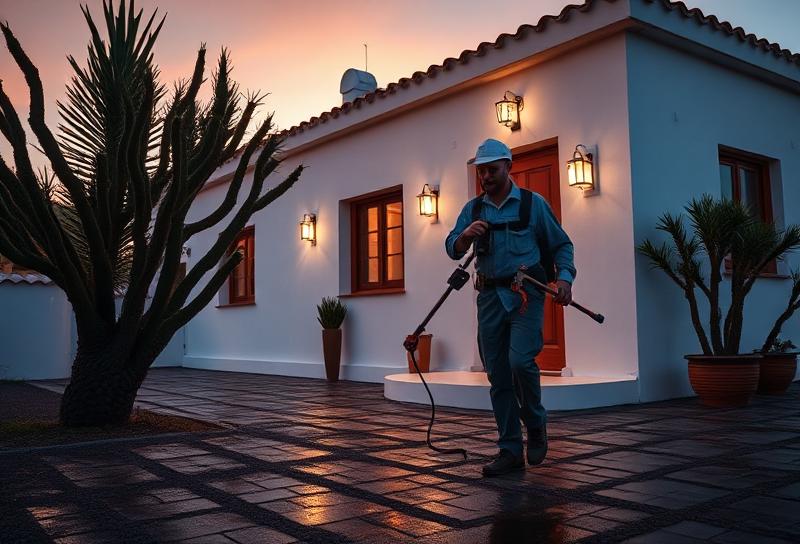 Emergency plumber responding to a water leak call at a Lanzarote property at dusk