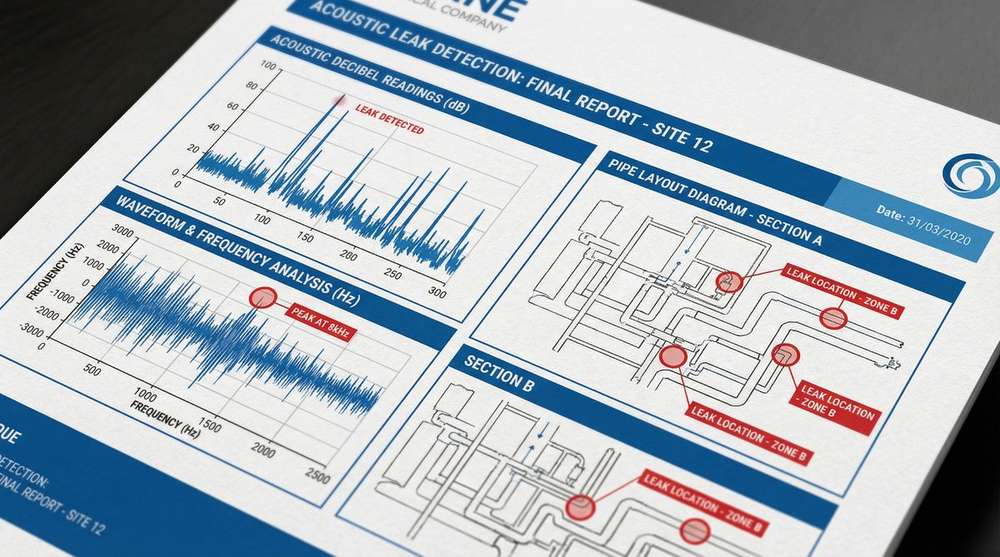 Acoustic leak detection report showing decibel readings, waveform analysis, and pipe layout diagram with marked leak locations