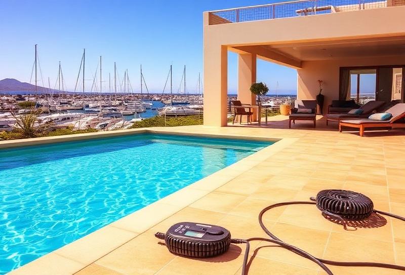 Leak detection equipment beside luxury villa pool at Marina Rubicón in Playa Blanca Lanzarote