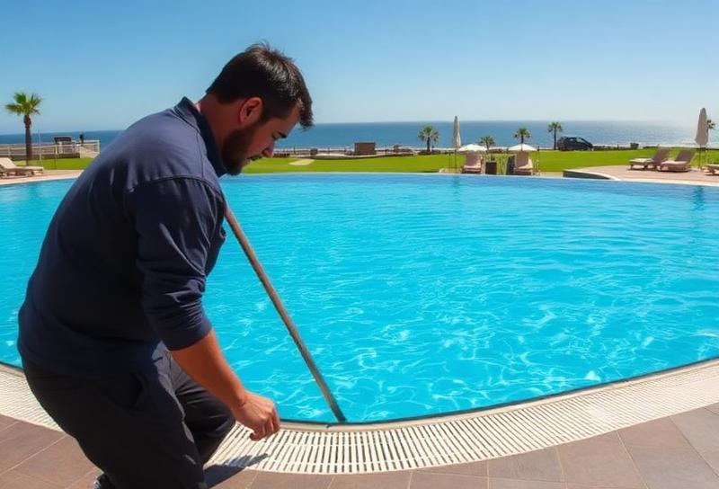 Pool leak repair technician inspecting pool edge at Costa Teguise resort in Lanzarote