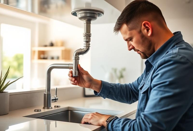 Plumber inspecting kitchen plumbing connections for water damage prevention in Lanzarote villa