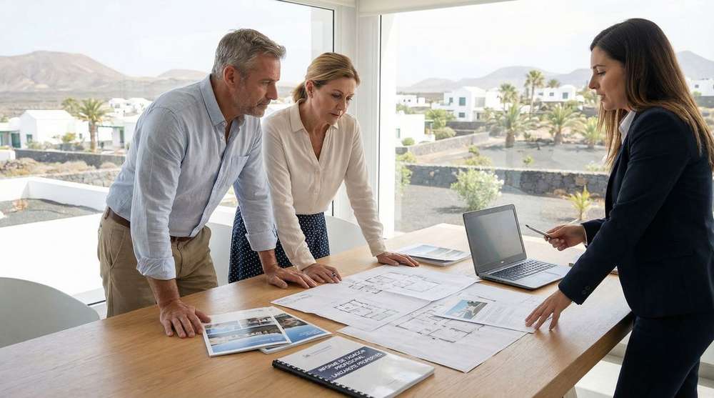 Couple reviewing property leak detection report and plans with estate agent in a Lanzarote villa