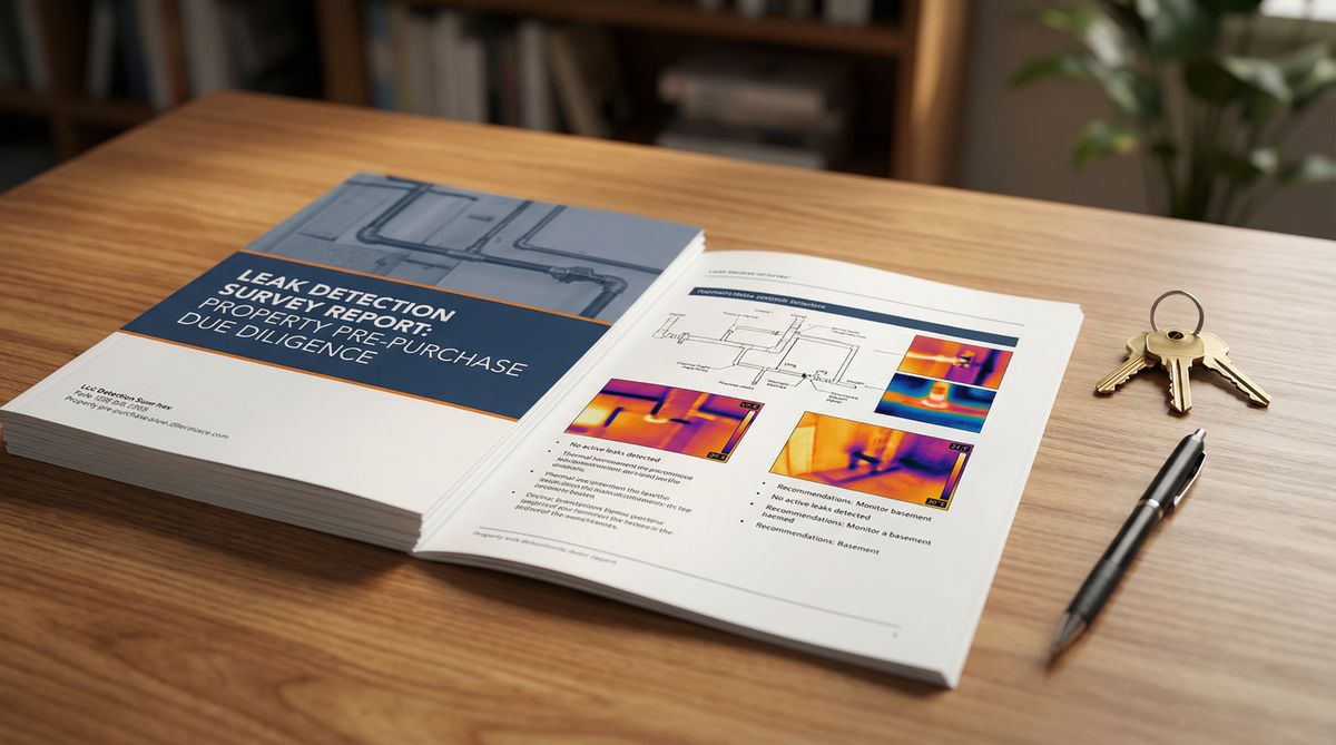 Professional leak detection survey report with thermal imaging results and property keys on desk
