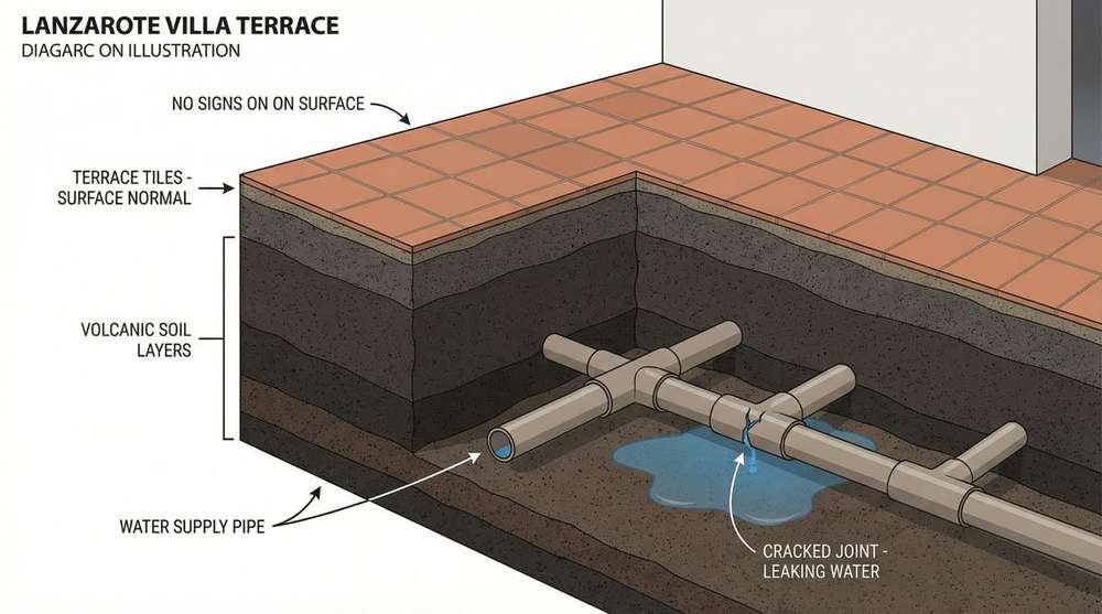 Cross-section diagram of a Lanzarote villa terrace showing cracked underground water supply pipes leaking beneath volcanic soil with no visible signs on the surface