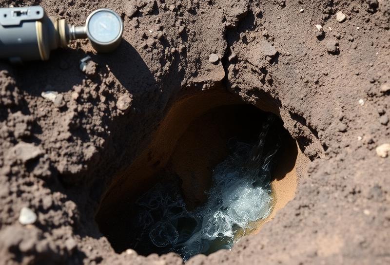 Exposed underground water pipe leak in volcanic soil during detection work in Lanzarote
