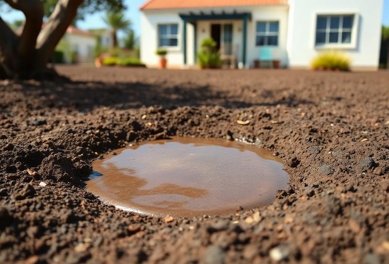 Underground water leak signs showing wet patch on dry volcanic soil in Lanzarote garden