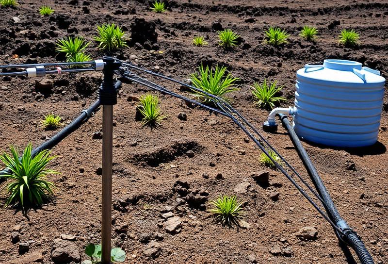 Drip irrigation system for water conservation in a dry volcanic garden in Lanzarote